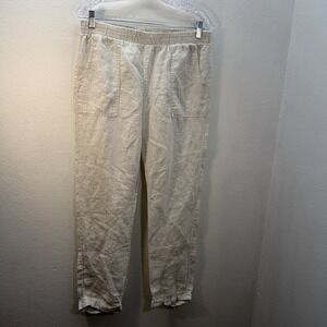 Kenar 100% Linen Sz M Tan Womens Pull On Pants Striped Lightweight Cuffed Casual
